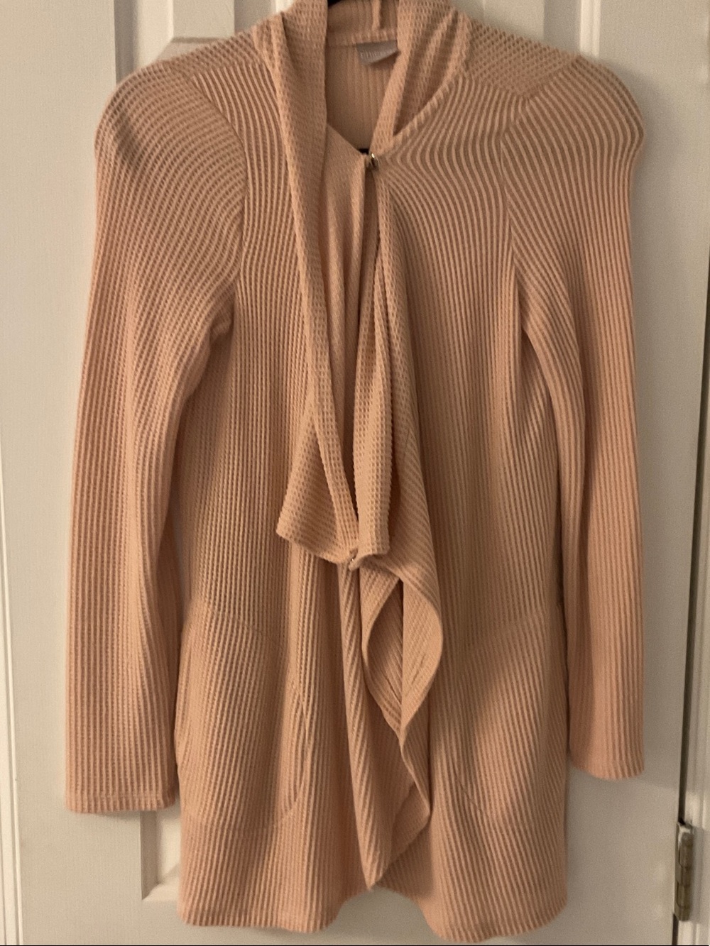 Chico's Ribbed Open-Front Draped Cardigan in Light Blush